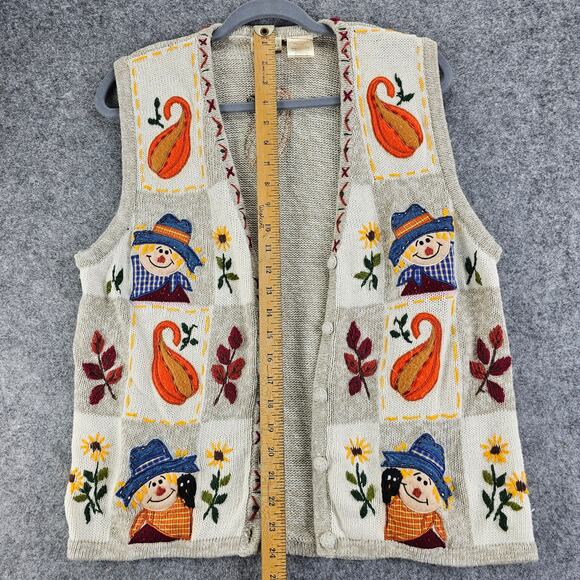 Vintage Bobbie Brooks Fall Sweater Vest Set Scarecrows Gourds Women L Grannycore - Picture 14 of 16